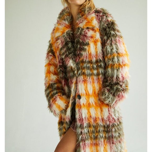 NWT Free People Cardi Plaid Faux Fur Coat / Plaid - Picture 4 of 13